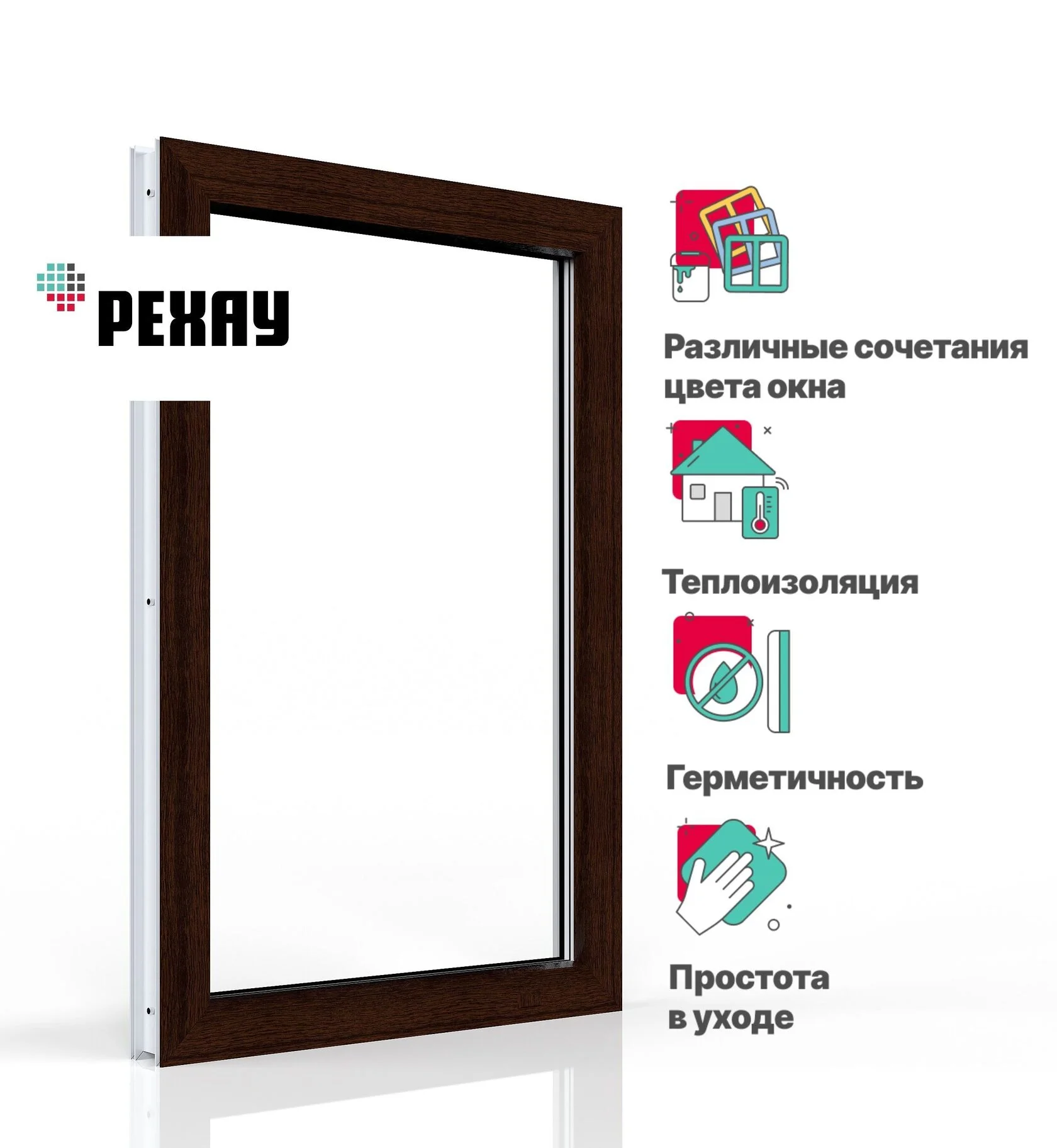 Пластиковое окно ПВХ REHAU BLITZ 650х600 мм (ВхШ) с учетом подставочного профиля глухое, двухкамерный стеклопакет, темный дуб снаружи