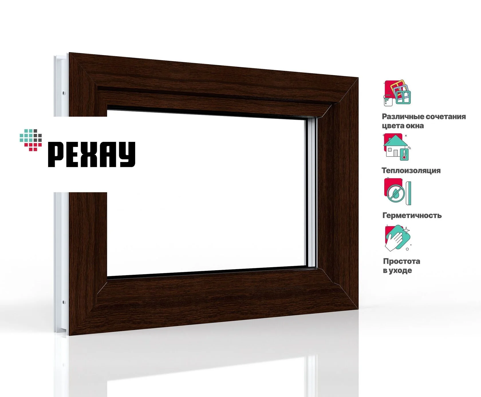 Пластиковое окно ПВХ REHAU BLITZ 450x550 мм (ВхШ) с учетом подставочного профил, фрамуга, двухкамерный стеклопакет, темный дуб снаружи