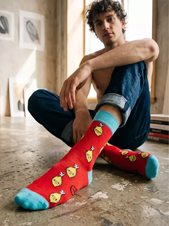 Носки Babushka Socks: лимоны на красном