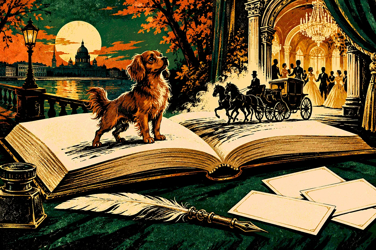 Иллюстрация в технике линогравюры: раскрытая книга превращается в сцену с рыжей собакой, конным экипажем и бальным залом; рядом перо и чистые карточки