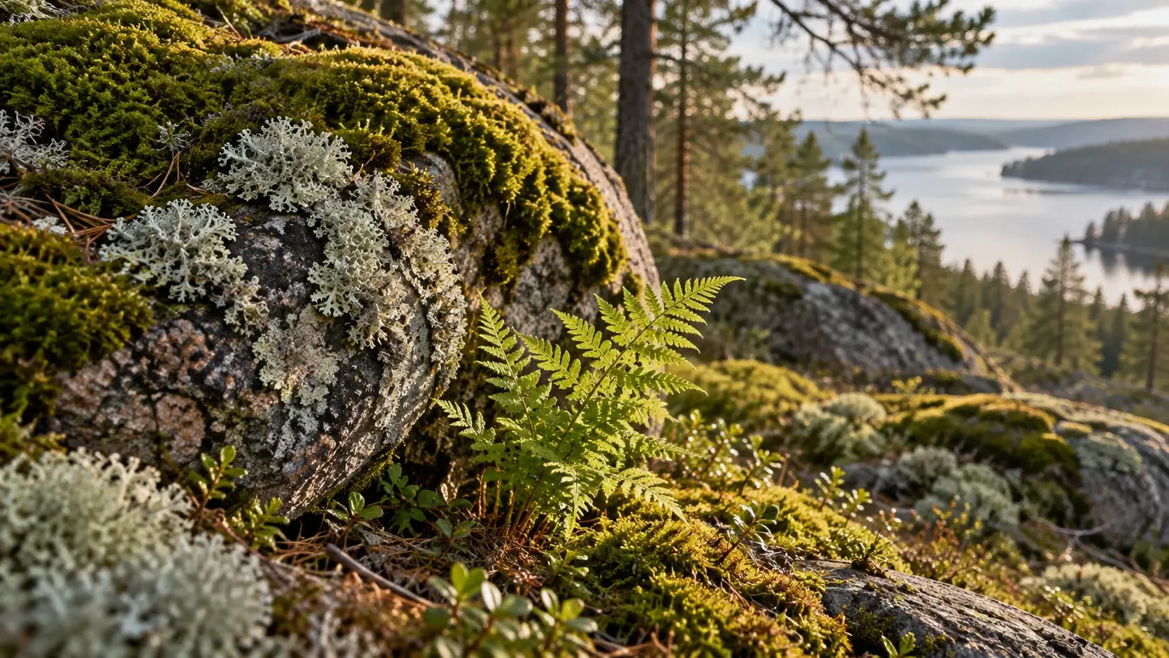 Мох, лишайники и папоротник — иллюстрация