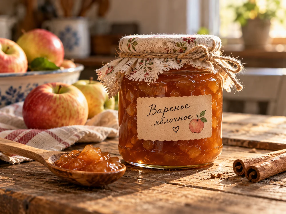 Банка яблочного варенья с этикеткой, ложка и палочки корицы