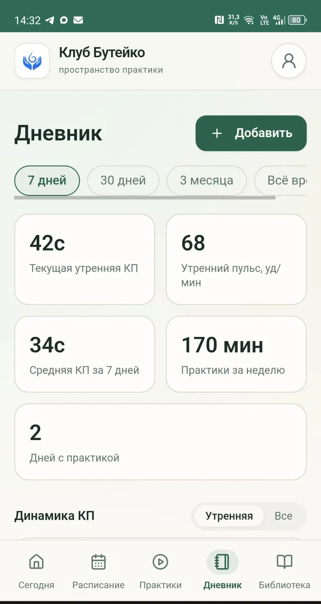 Экран приложения Клуба Бутейко