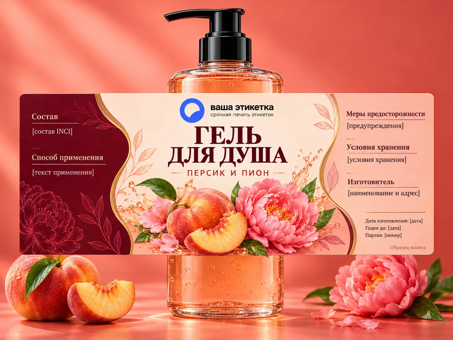Флакон геля для душа с широкой этикеткой, на которой отведены места для состава, способа применения, мер предосторожности, условий хранения, изготовителя, даты и партии