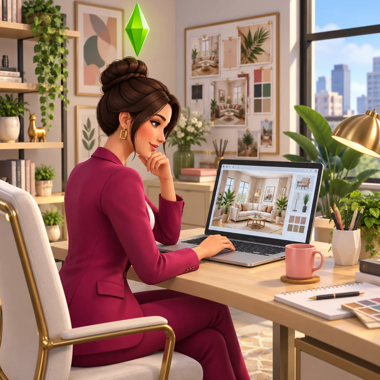 Герой The Sims с ноутбуком, на экране — работа над проектом