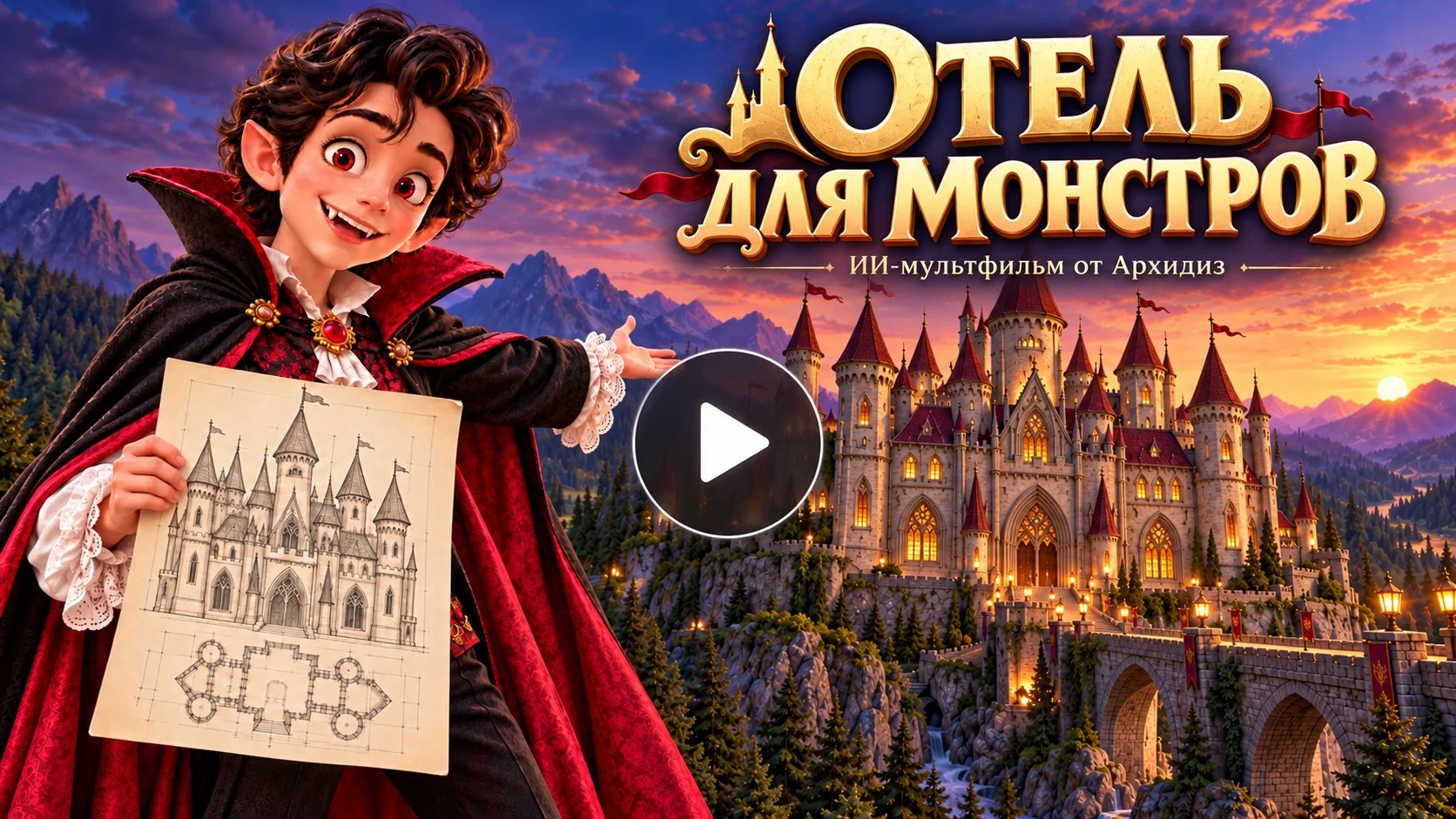 Обложка ИИ-мультфильма «Отель для монстров»: граф Дракула с чертежом замка