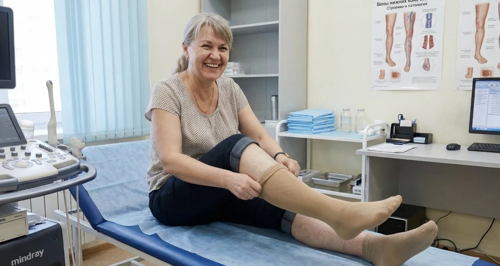 Врач надевает компрессионный чулок