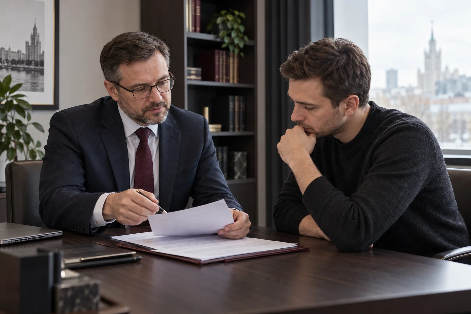 Юрист обсуждает с клиентом материалы дела