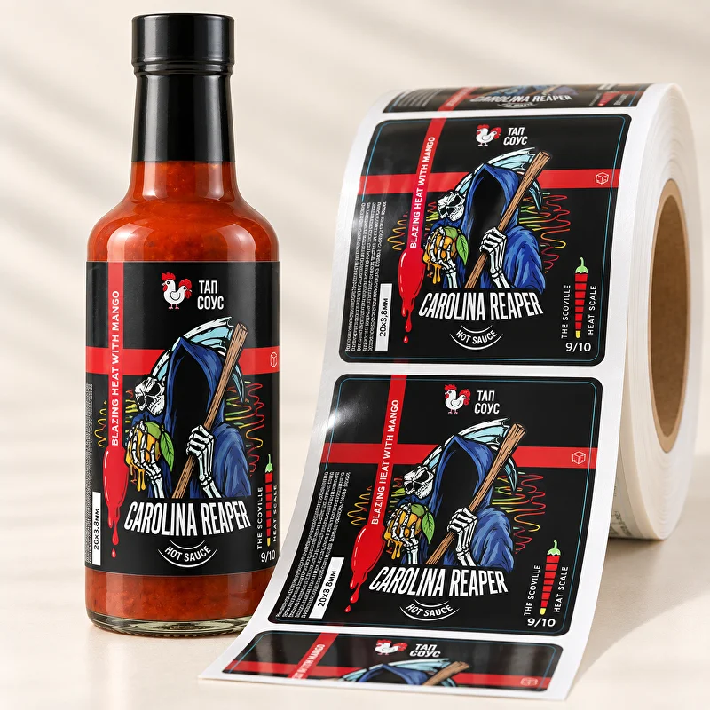Бутылка острого соуса Carolina Reaper и рулон этикеток