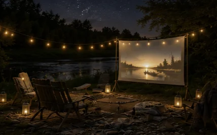 Outdoor movie screen setup under string lights