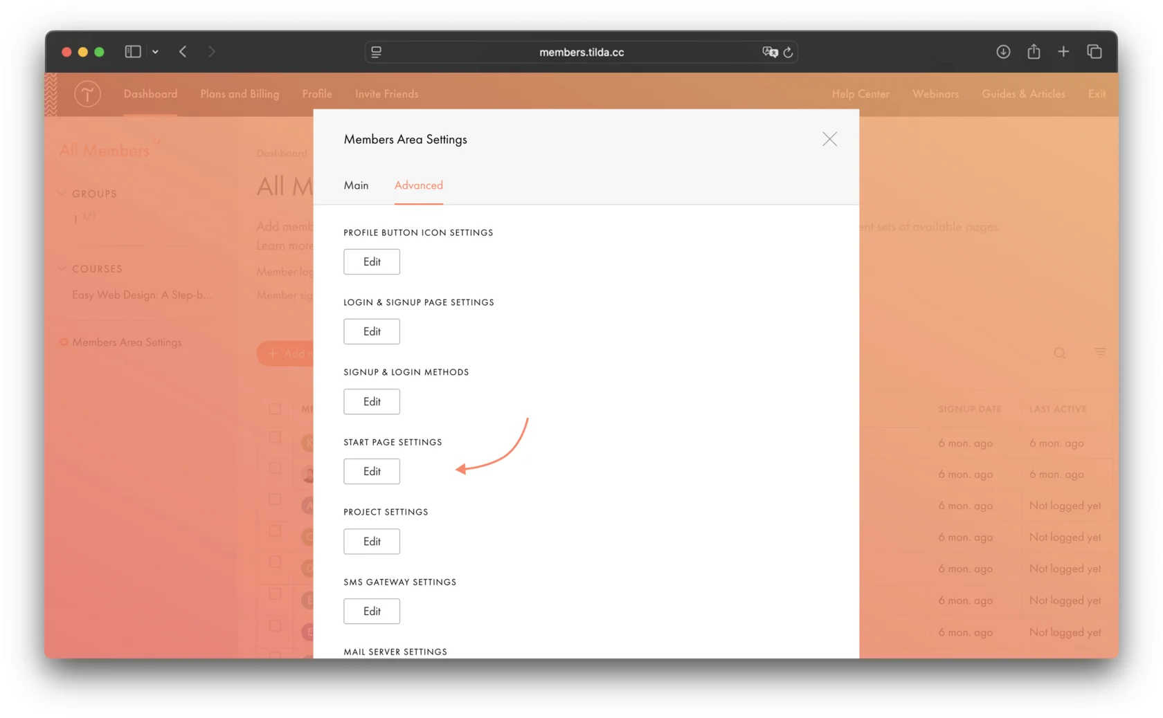 Members Area Settings: the "Edit" button under "START PAGE SETTINGS" on the "Advanced" tab.