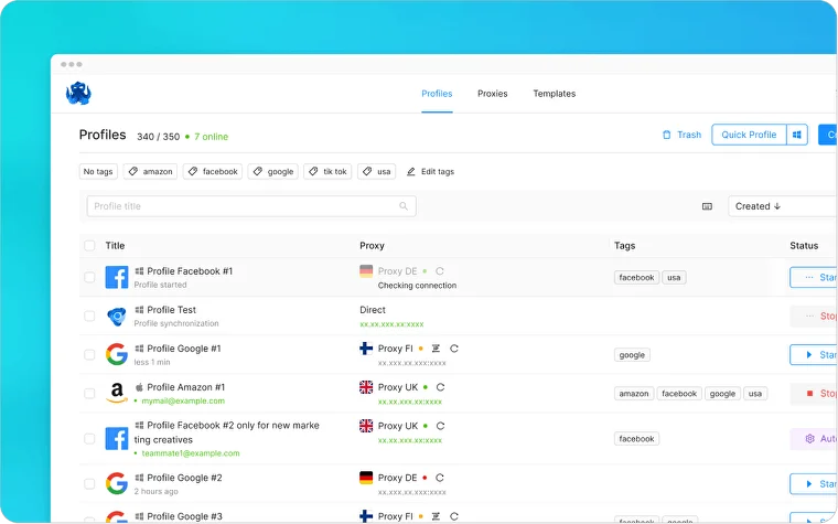 Octo Browser interface with running profiles