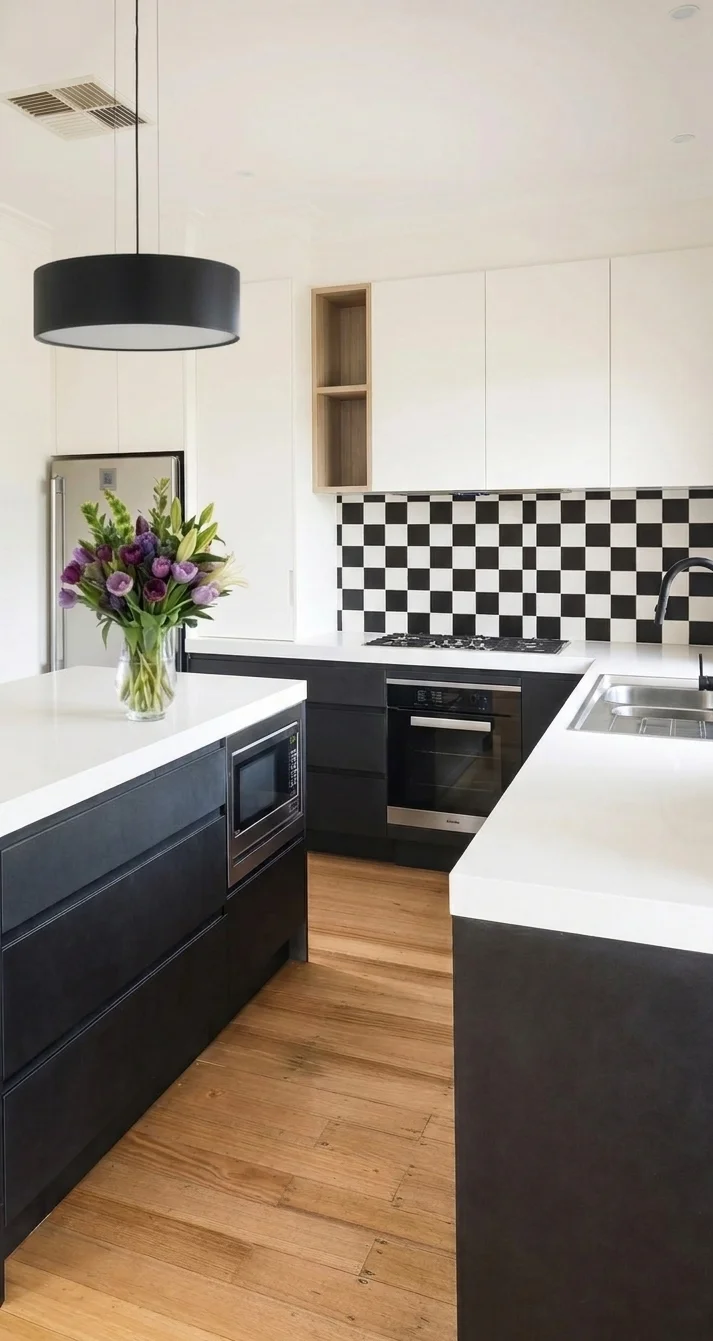 Black kitchen peninsula with built-in microwave, deep drawers, white quartz countertop, and gold pendant — Renton WA