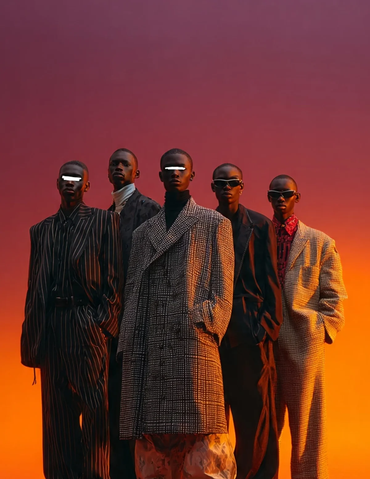 Five models in structured dark tailoring against a red-to-orange studio backdrop