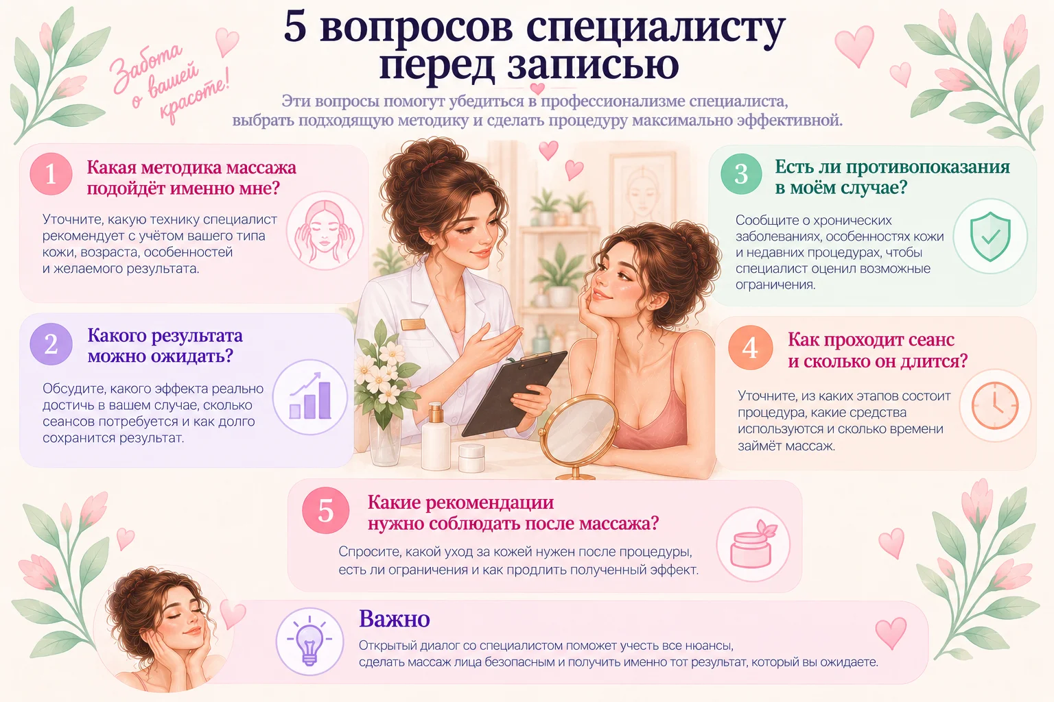 Пять вопросов специалисту перед записью на массаж лица.