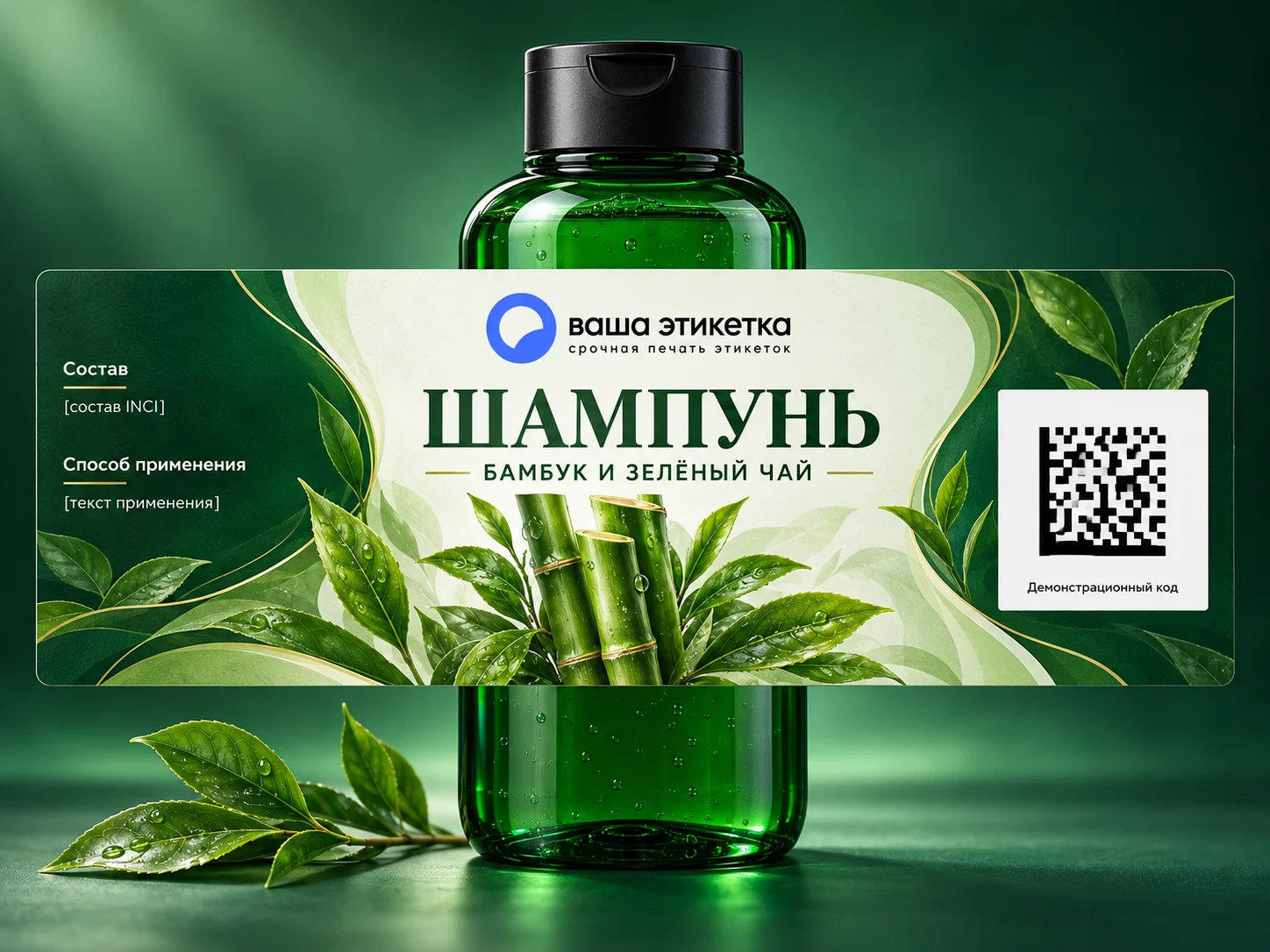 Зелёный флакон шампуня «Бамбук и зелёный чай» с широкой этикеткой, на которой отведено место под QR-код маркировки