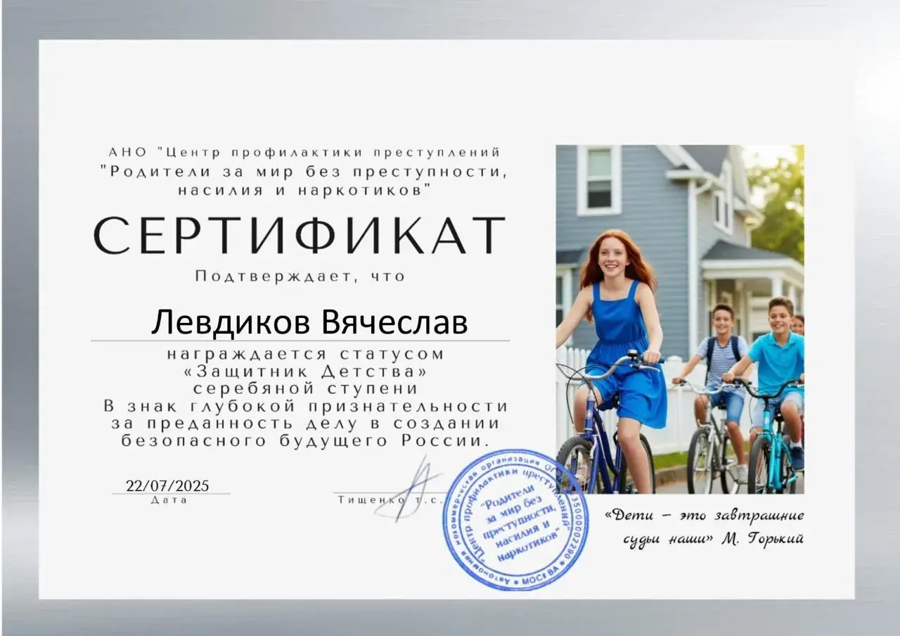 Сертификат Вячеслава Левдикова