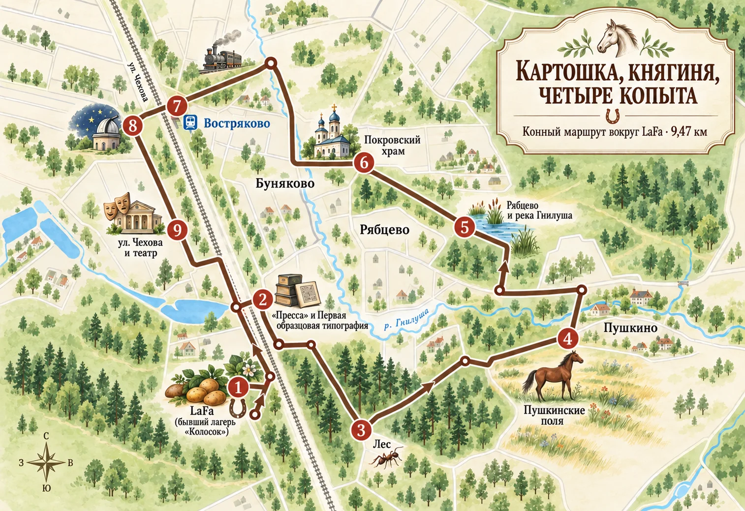 Карта конного маршрута вокруг LaFa, Вострякова, Бунякова, Рябцева и Пушкина