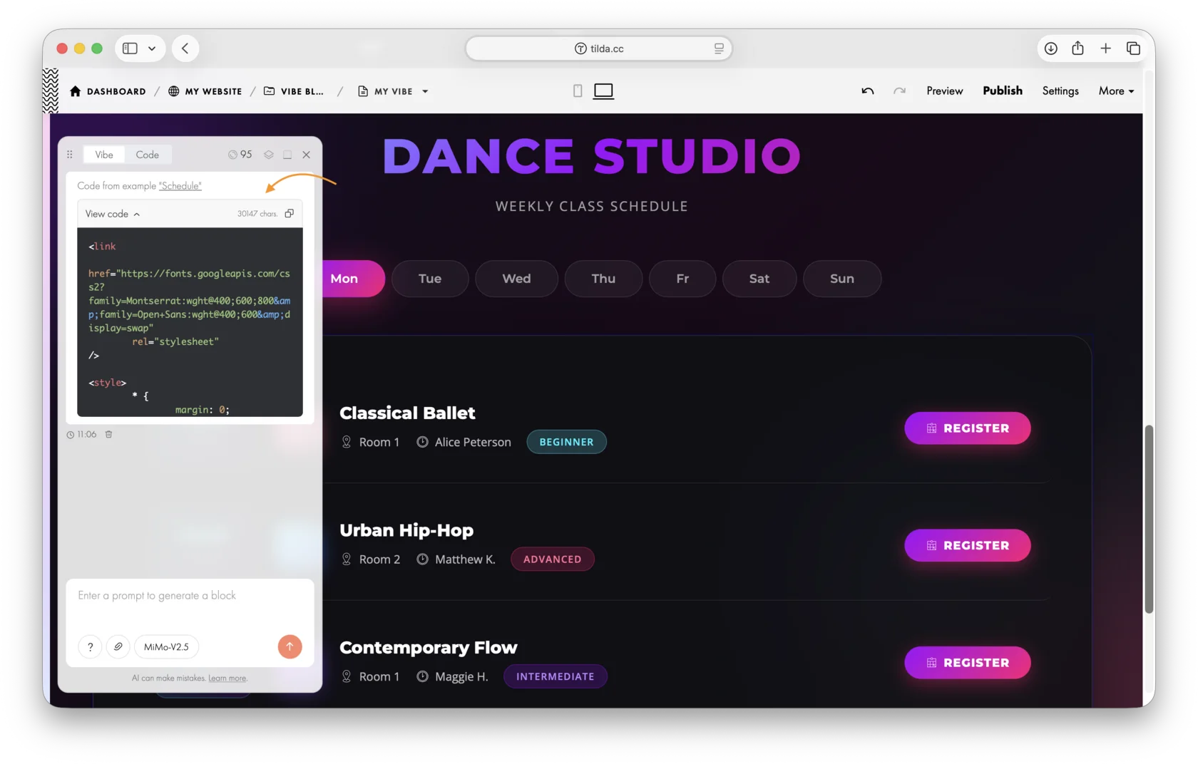 In Vibe Block: the "View code" section with the generated block's code in the chat panel on the left.