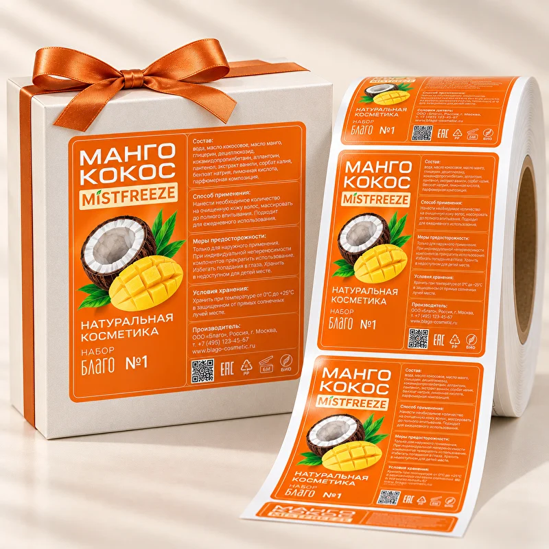 Коробка косметики «Манго кокос» с лентой и рулон оранжевых этикеток