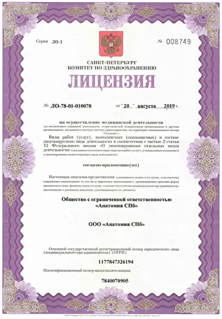 Скан лицензии ООО «Анатомия СПб» от 20 августа 2019 года