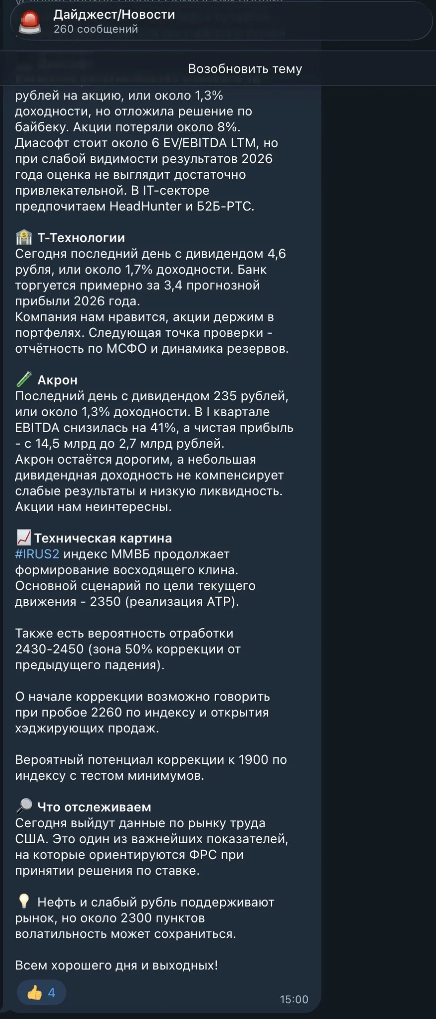 Еженедельный дайджест клуба в Telegram: разбор компаний, техническая картина рынка и что отслеживаем
