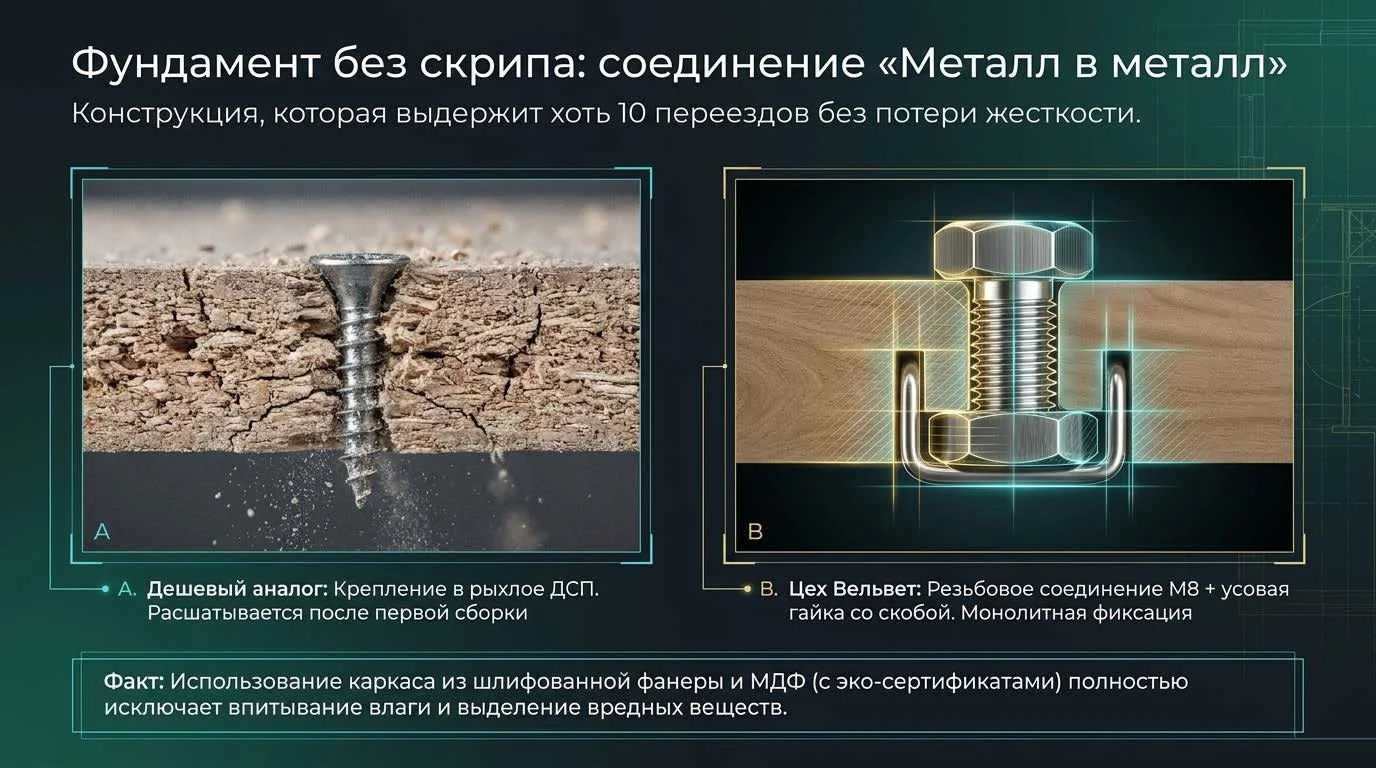 Крепление кровати: болт с гайкой против самореза, вырванного из рыхлой плиты