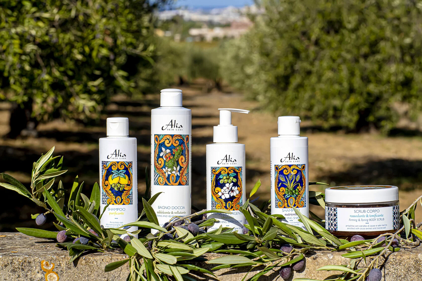 Editorial luxury apothecary still life with Sicilian botanicals