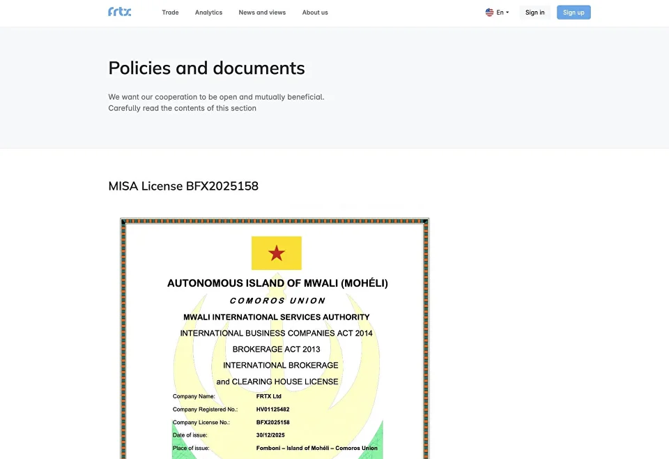 Актуальные FRTX отзывы 2026: проверка брокер, лицензия MISA, условия, счета и вывод средств
