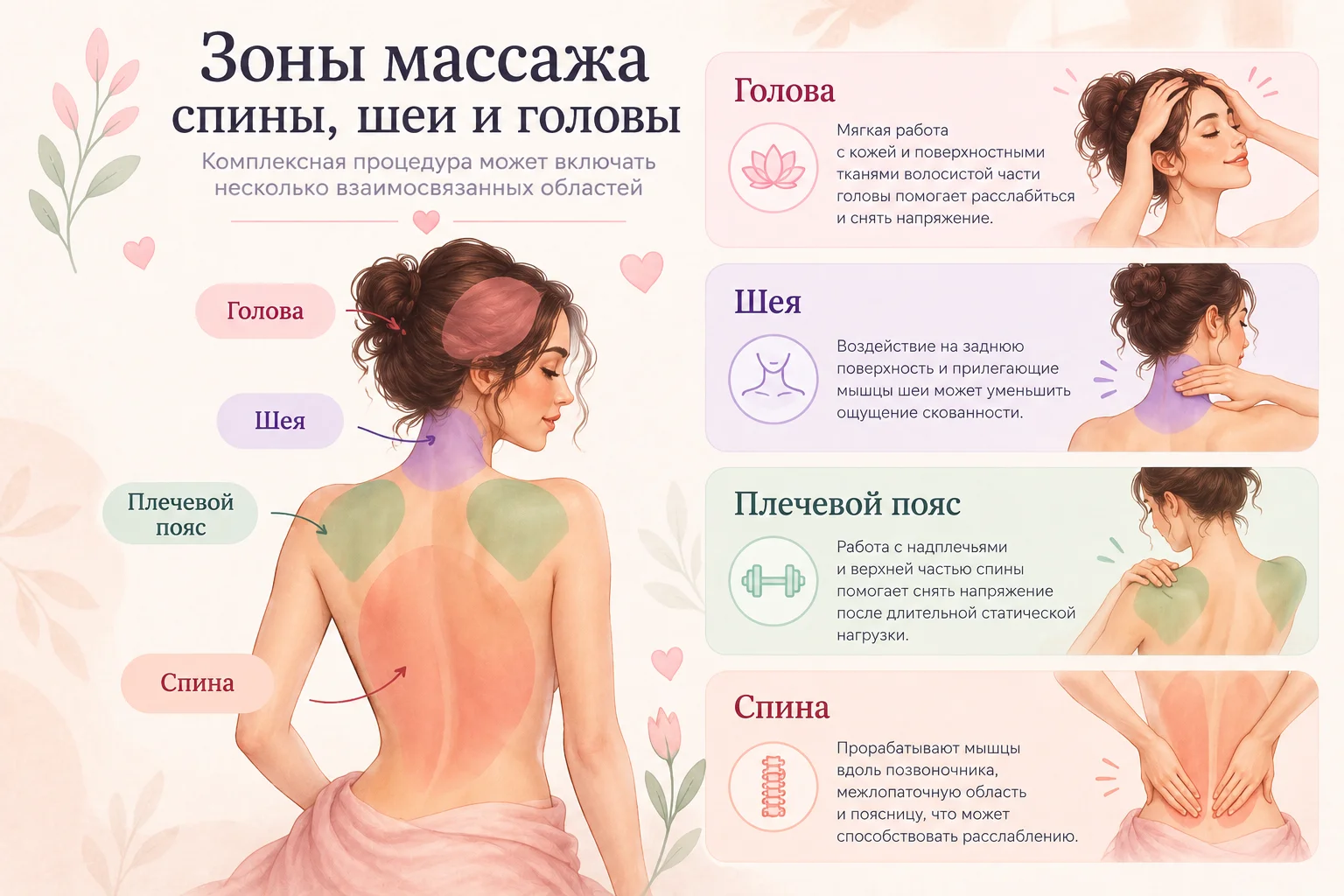 Зоны массажа спины, шеи и головы.