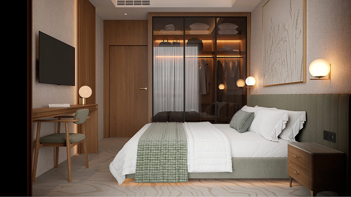 Номер Sun Garden: кровать с мягким изголовьем и гардероб с подсветкой