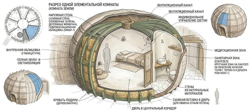 Рисованный разрез комнаты Земли: спальня, санузел, звукоизоляция, кровать-подиум