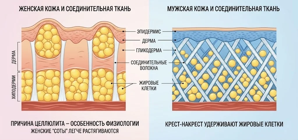 Соединительная ткань у мужчин и женщин: механика целлюлита
