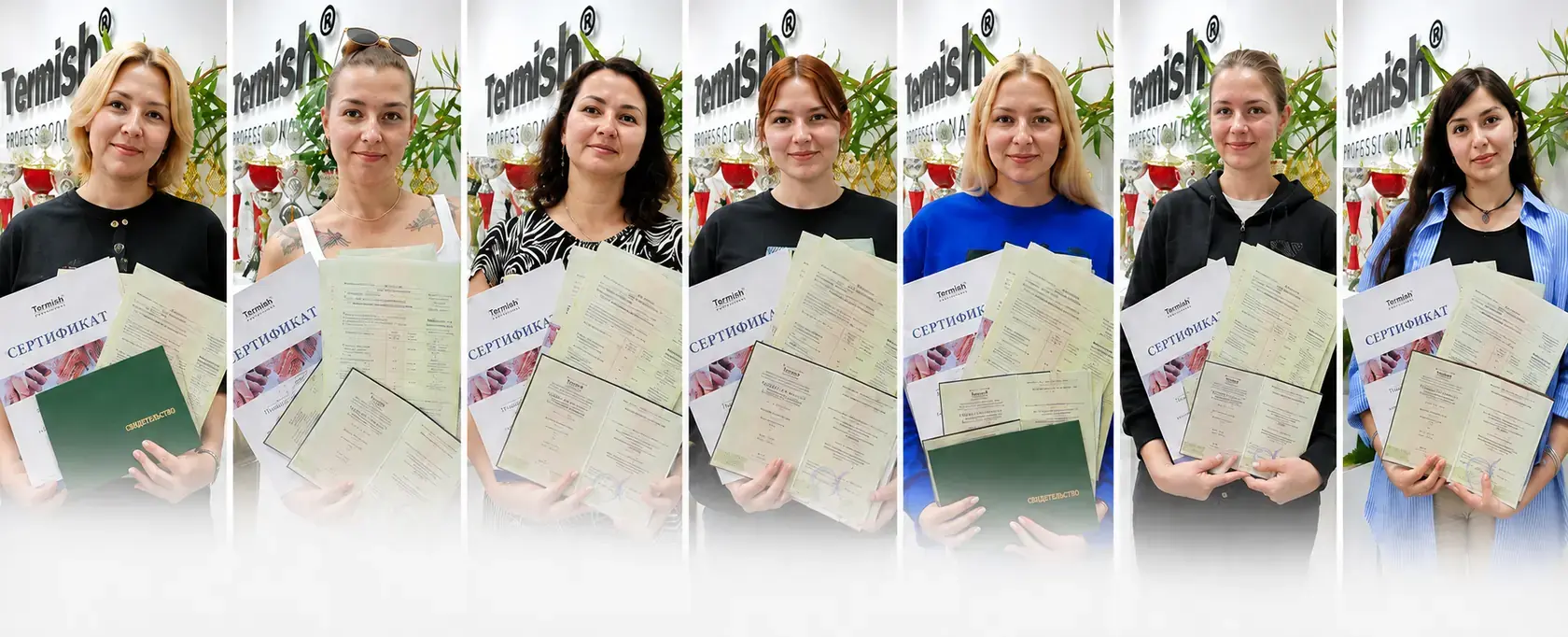 Выпускницы школы TERMISH с документами после обучения