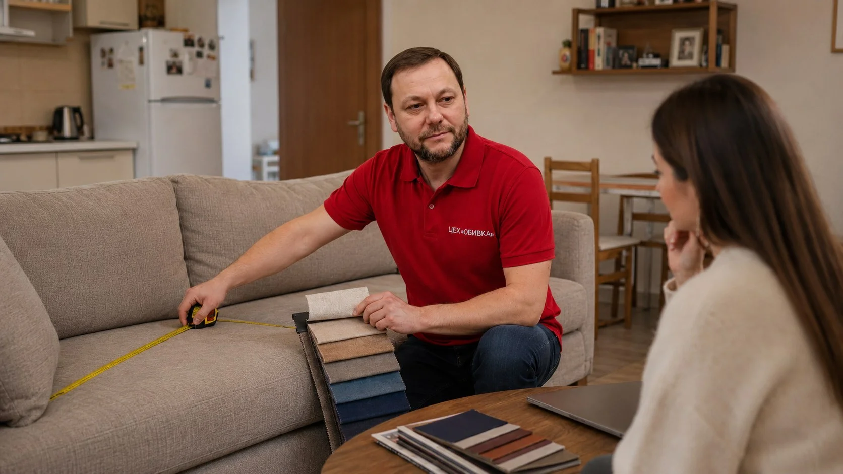 Мастер цеха ОБИВКА.ЦЕХ перетягивает диван в мастерской в Новосибирске