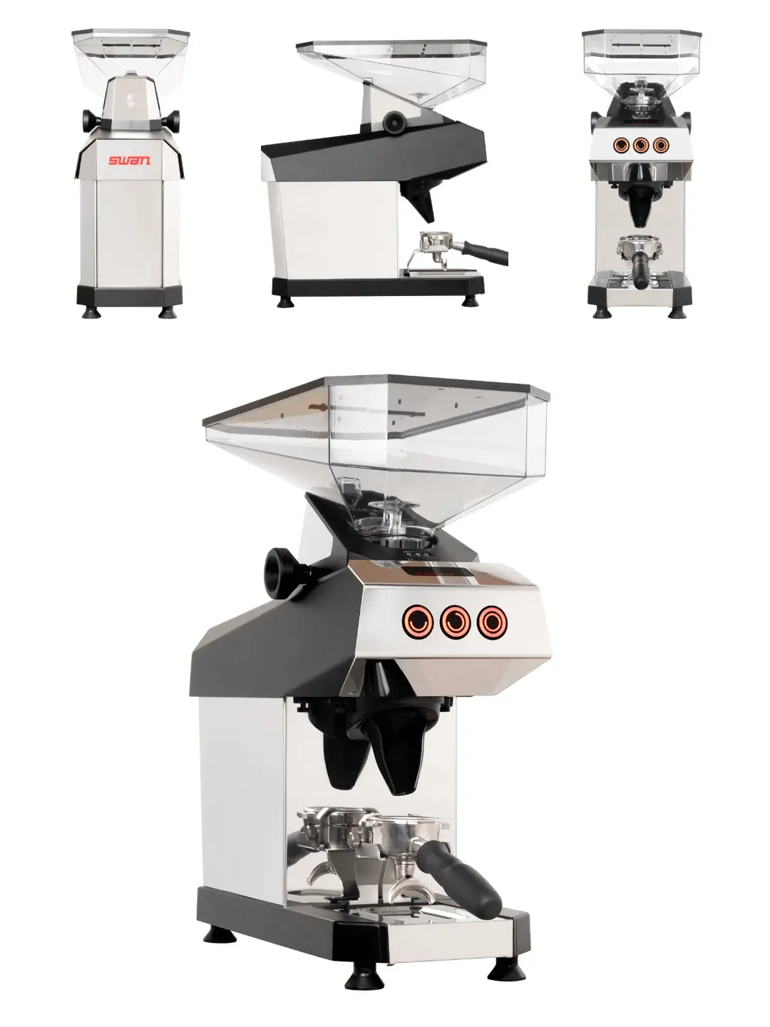 Кофемолка La Marzocco Swan, показанная с разных ракурсов: вид спереди, сбоку и сверху