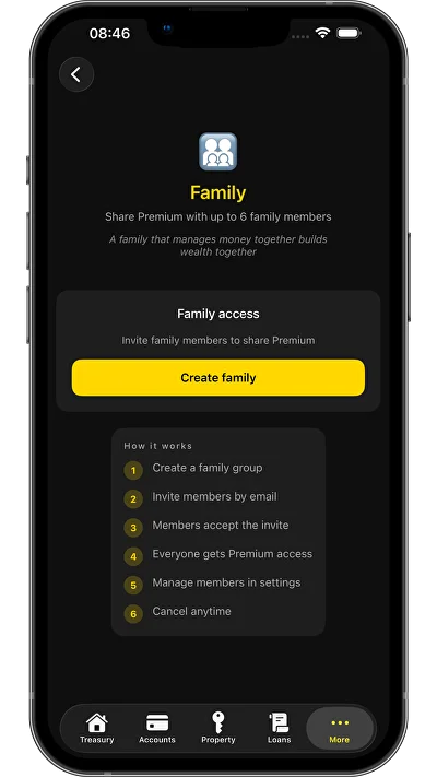 Vavilon Finance — Family Mode, shared Premium for up to 6 people via iCloud