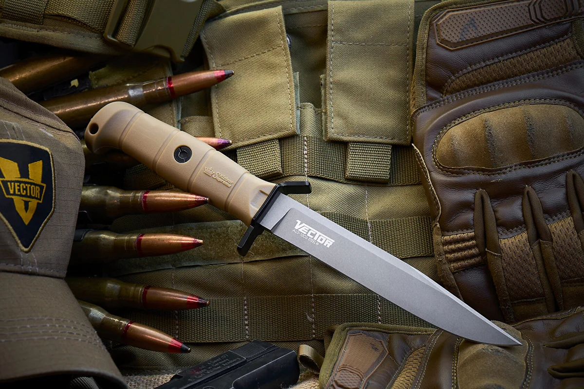 Kizlyar Supreme Vector tactical fixed-blade knife with tan Kraton handle and matching sheath