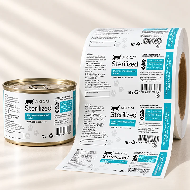 Консервная банка корма AIRI CAT Sterilized и рулон этикеток