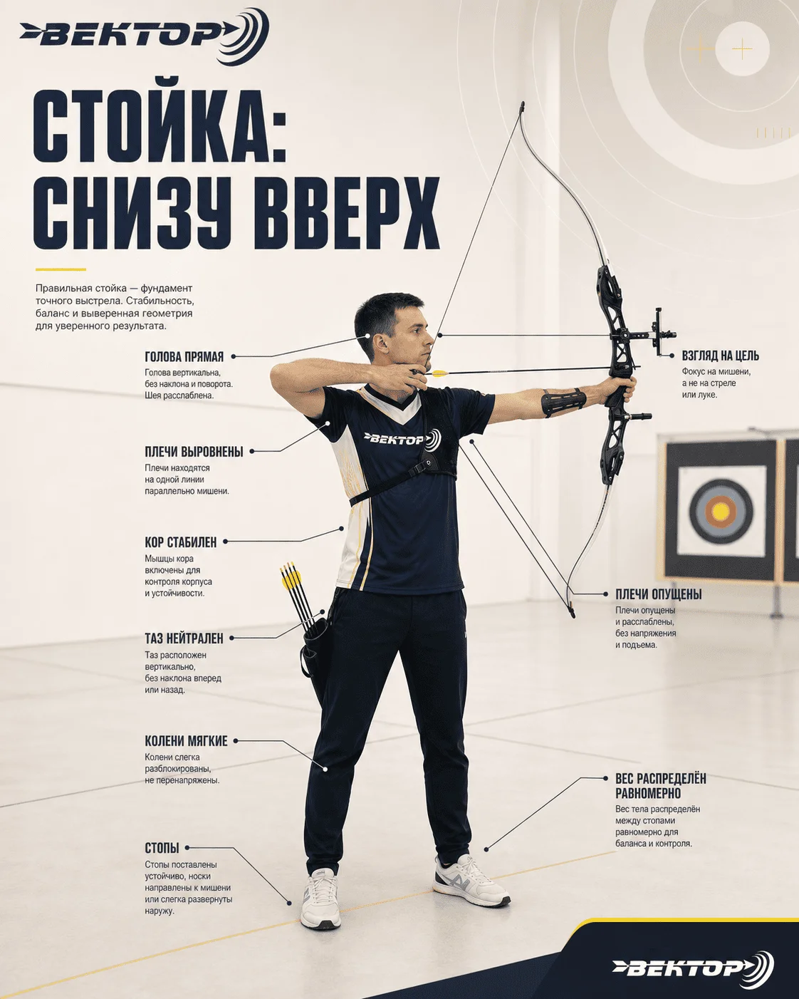 Правильная стойка лучника снизу вверх — стопы, колени, таз, кор, плечи, голова: разметка по элементам, клуб Вектор