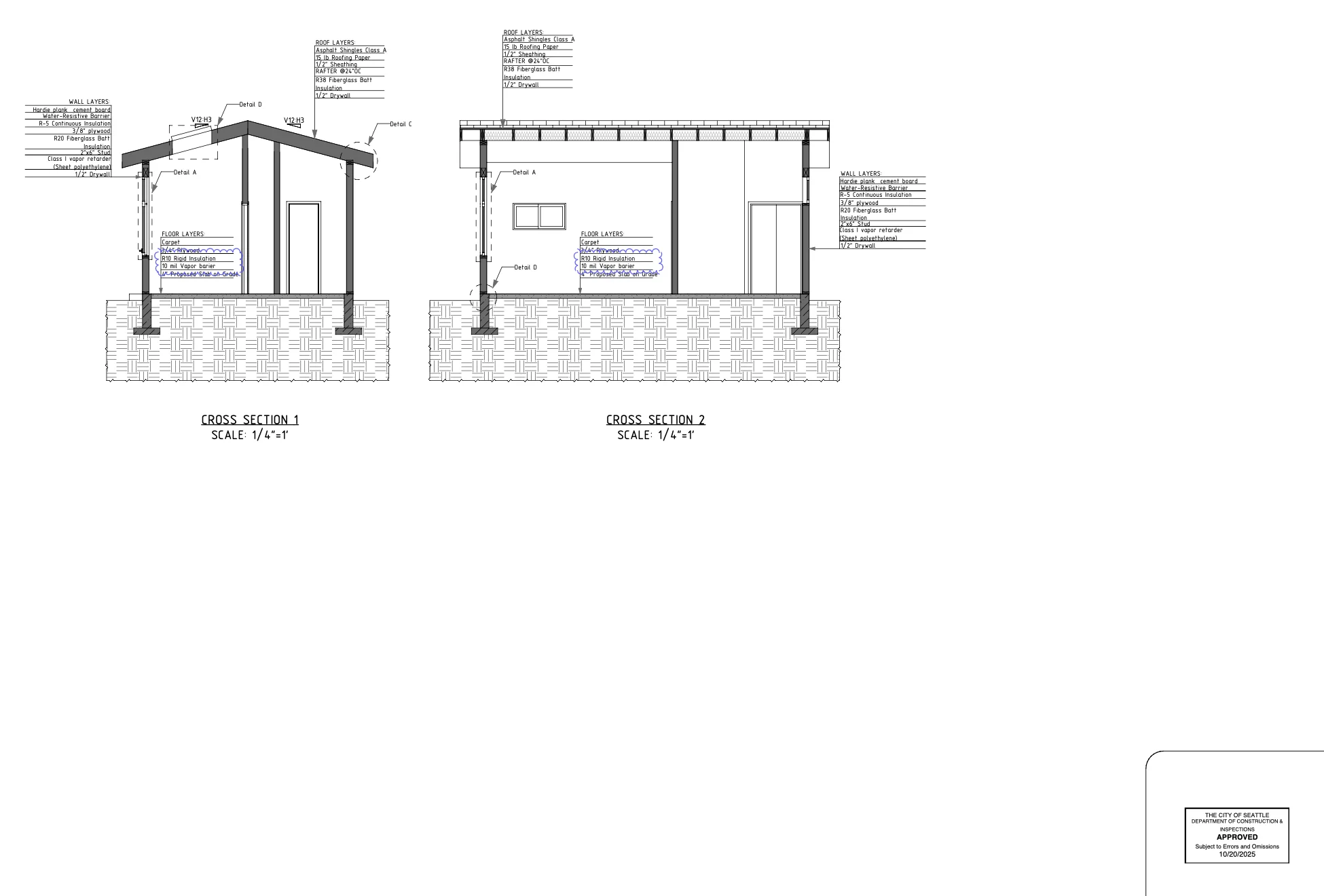 Cross section showing wall layers R-38 roof insulation and slab-on-grade foundation for 400 sq ft DADU in Seattle