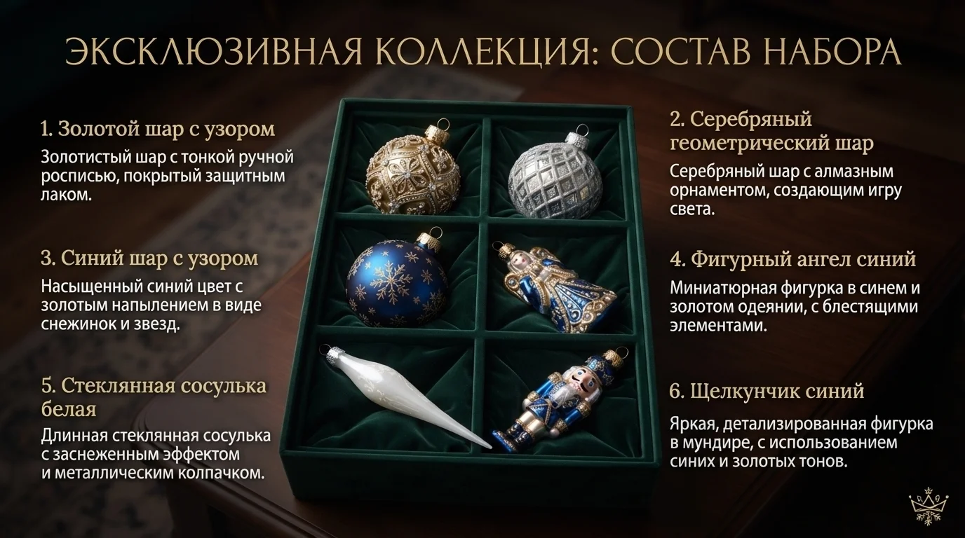 Набор стеклянных ёлочных игрушек в тёмно-зелёной подарочной коробке с описанием комплектации