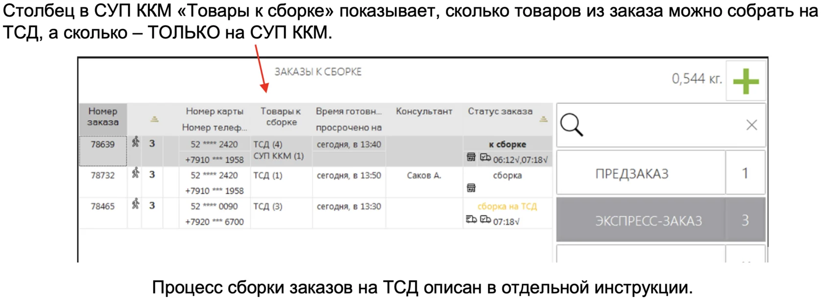 Экран ТСД со списком товаров для сборки