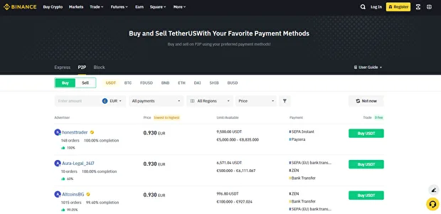 Binance P2P trading platform