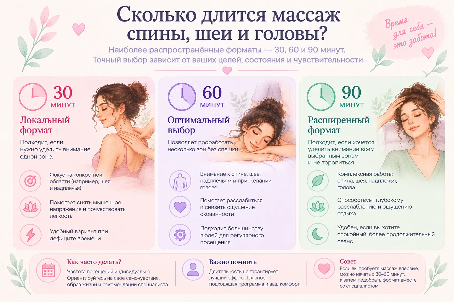 Сколько длится массаж: 30, 60 и 90 минут.