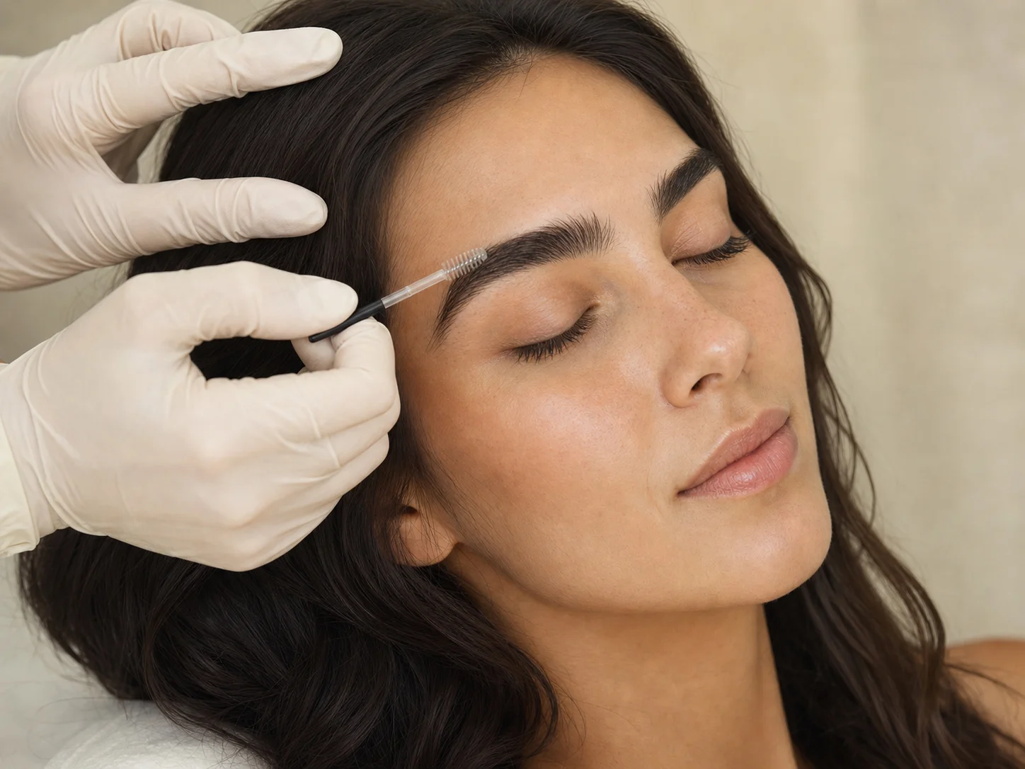 Мастер аккуратно работает с бровями гостьи во время процедуры Organic Brow