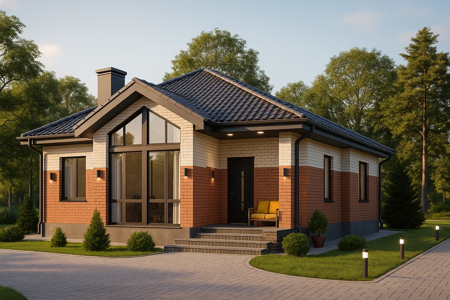 Современный одноэтажный дом 110 м² с панорамной гостиной