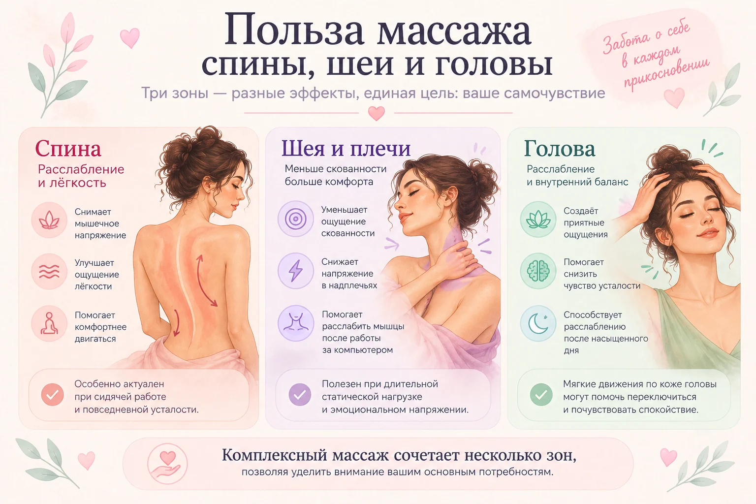 Польза массажа по зонам: спина, шея и голова.