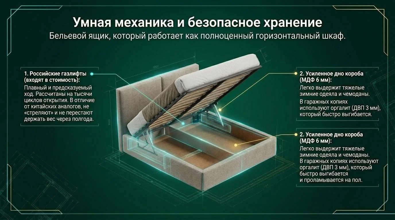 Кровать с подъёмным механизмом и вместительным ящиком для белья с толстым дном