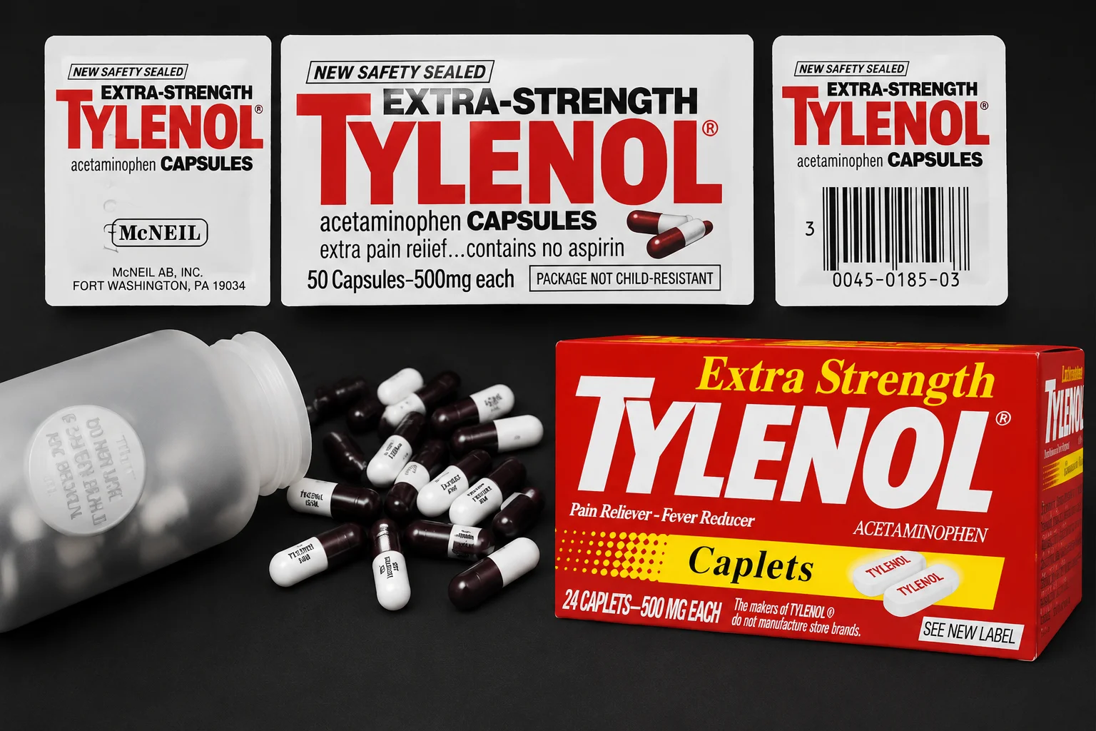 Фотоколлаж, связанный со вторым кризисом Tylenol и изменением формы продукта в 1986 году.